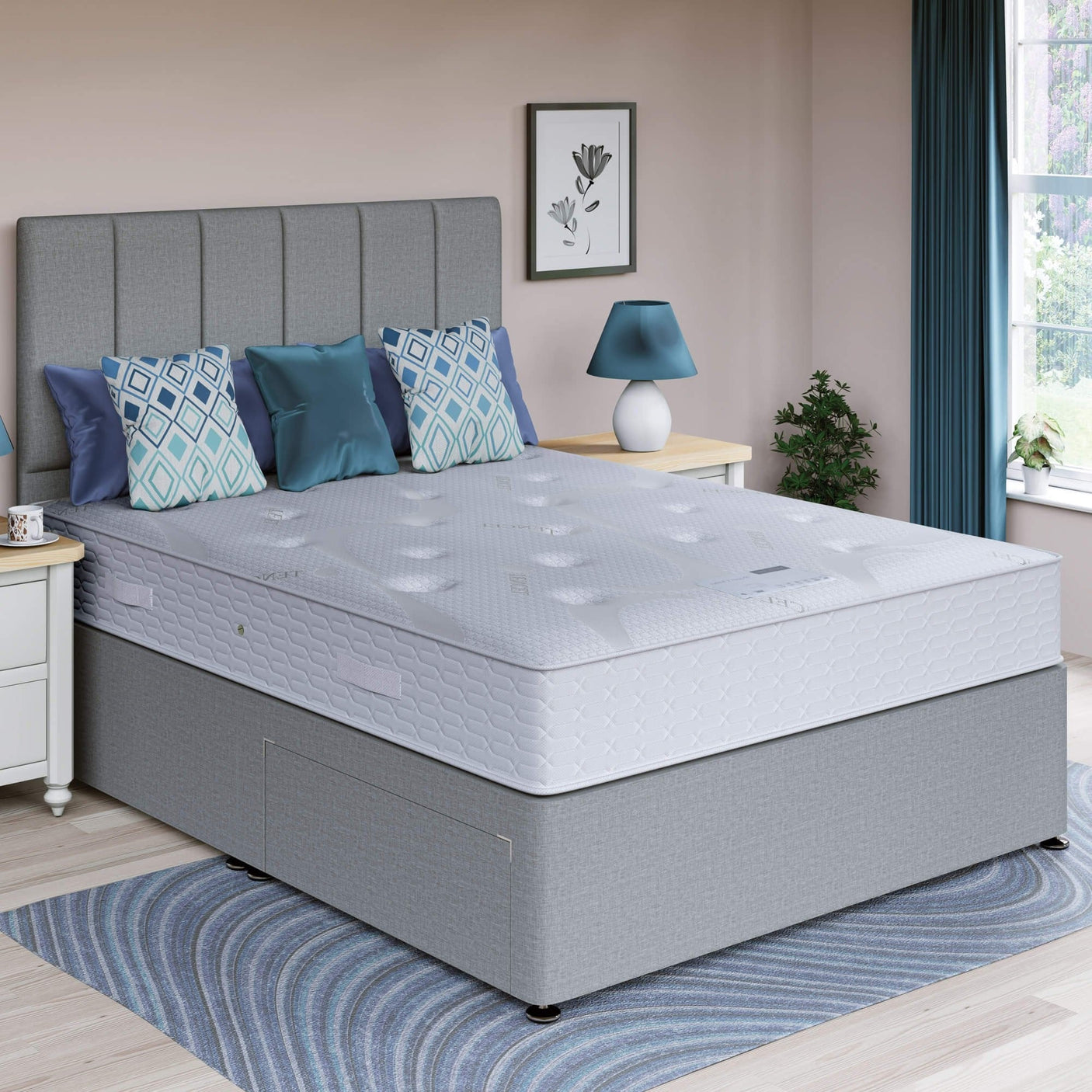Tencel Divan Bed Set With Pocket Memory Mattress And 6 Panel Headboard