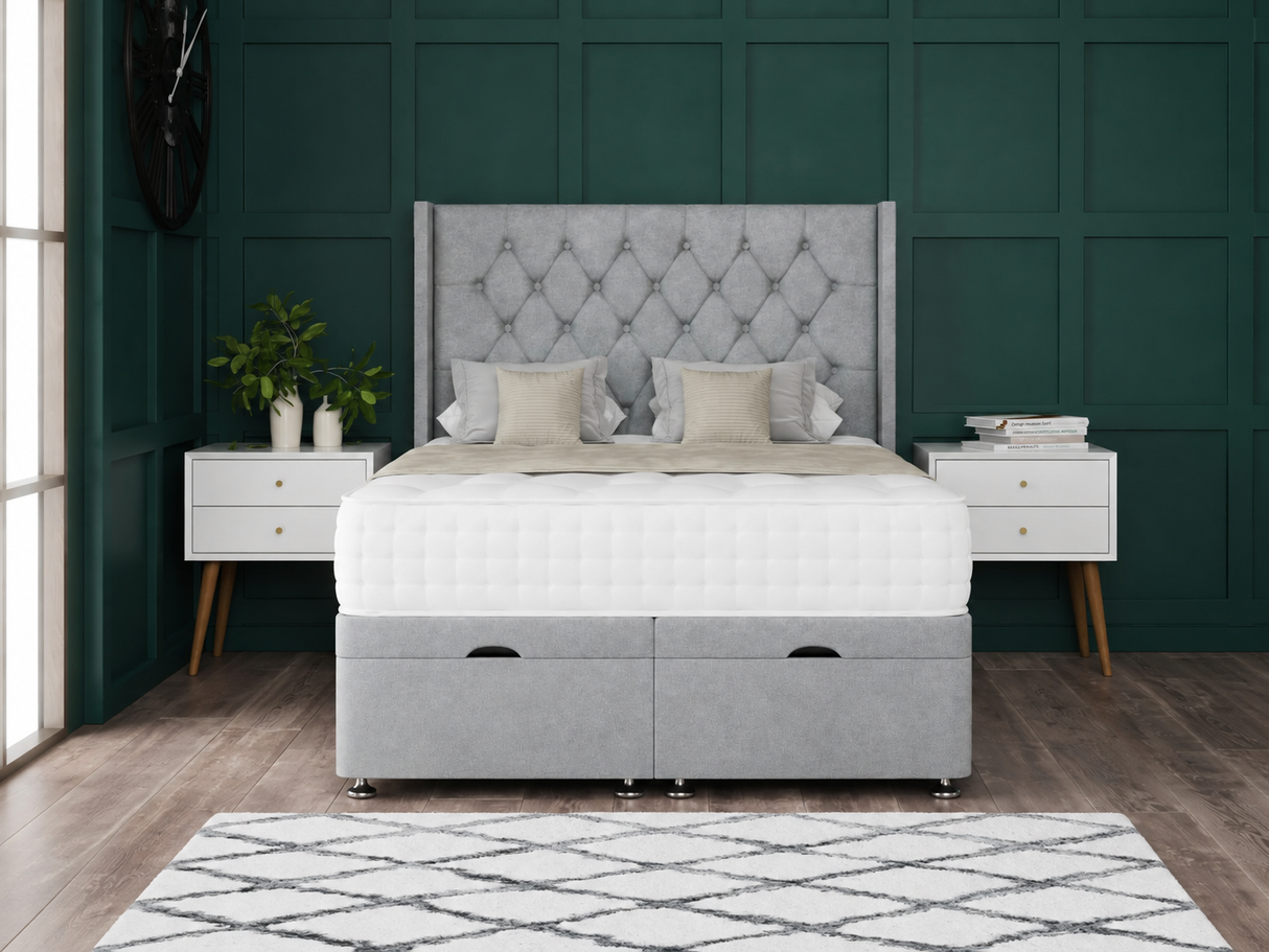 Princess Ottoman Storage Divan Bed With Floor Standing Wing Headboard