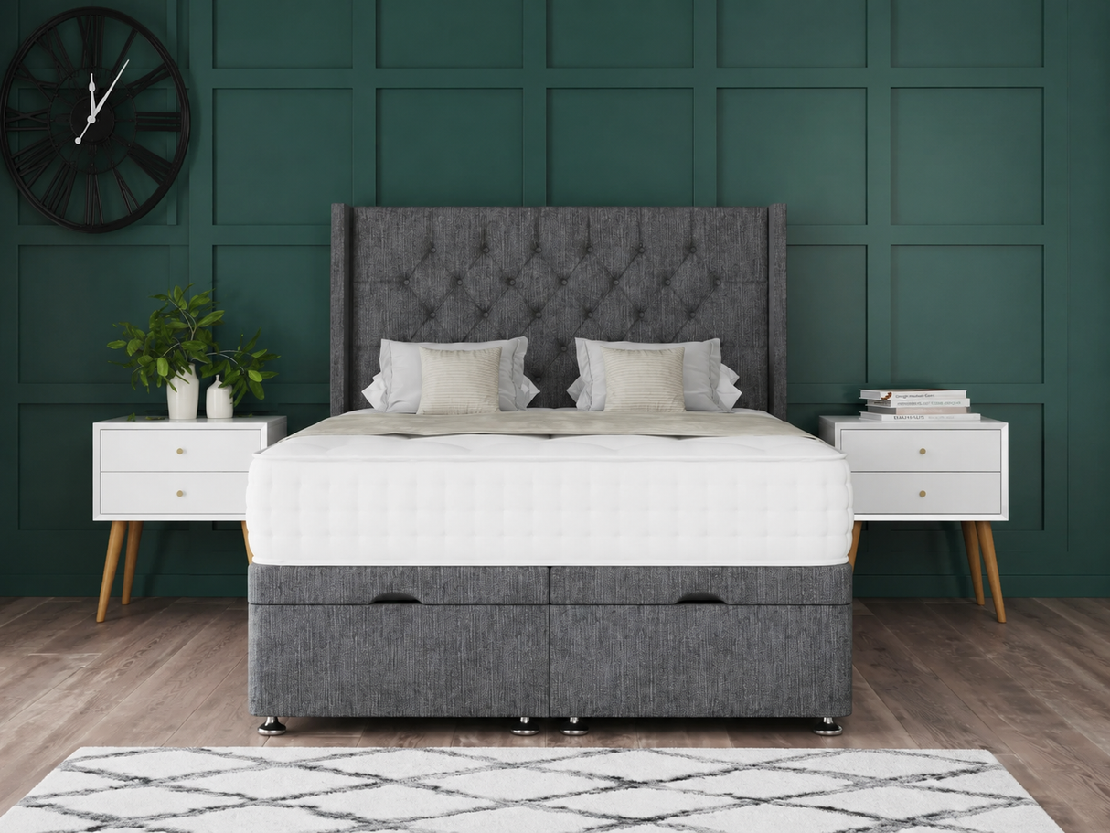 Chesterfield Ottoman Storage Divan Bed With Floor Standing Wing Headboard
