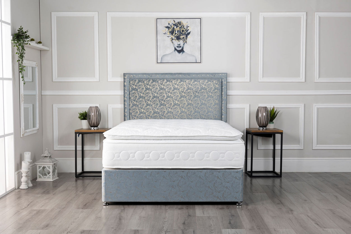 Galaxy Divan Bed Set Finished In Sky Marble With A Floorstanding 54'' Headboard