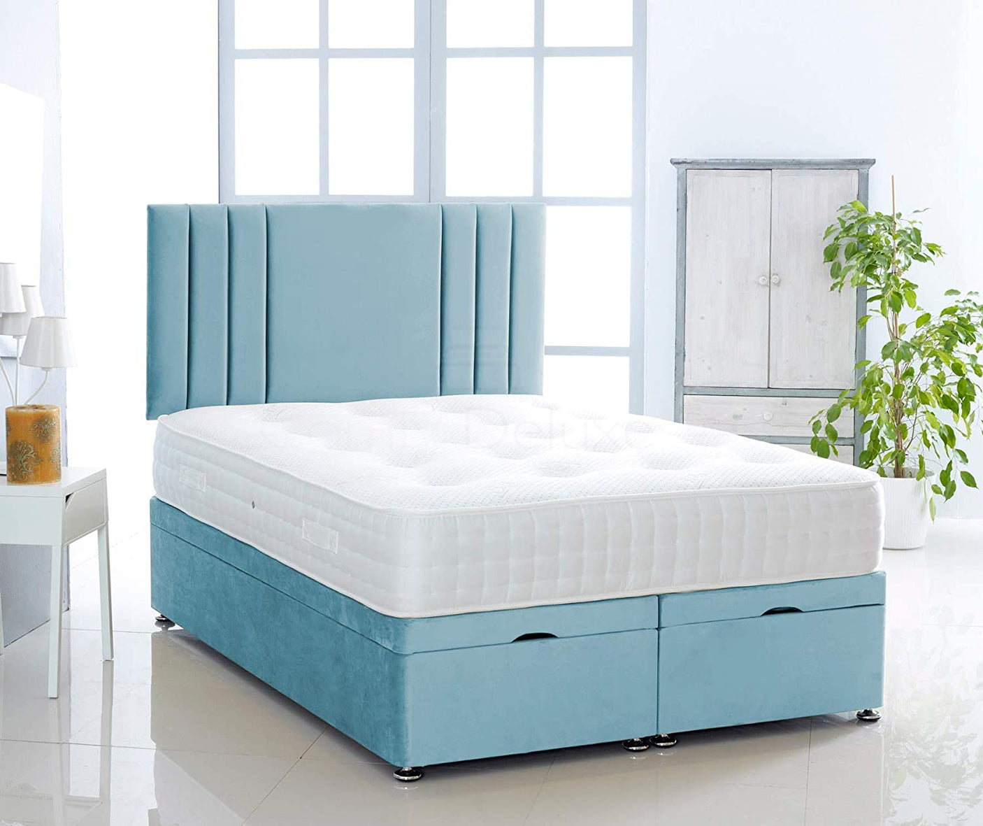 Plush Ottoman Storage Divan Bed With Vertical Lined Headboard