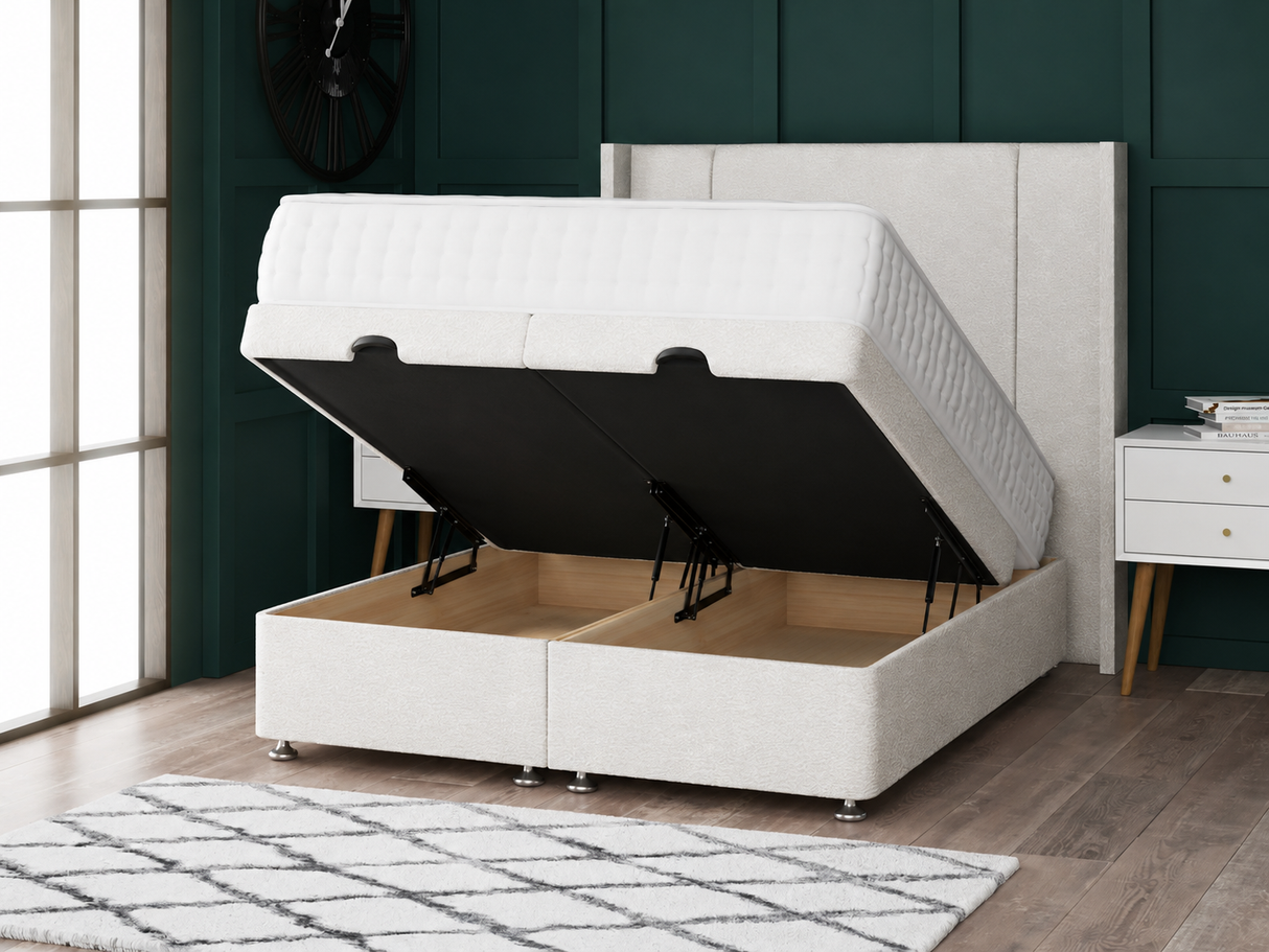 Porto Ottoman Storage Divan Bed With Floor Standing Wing Headboard