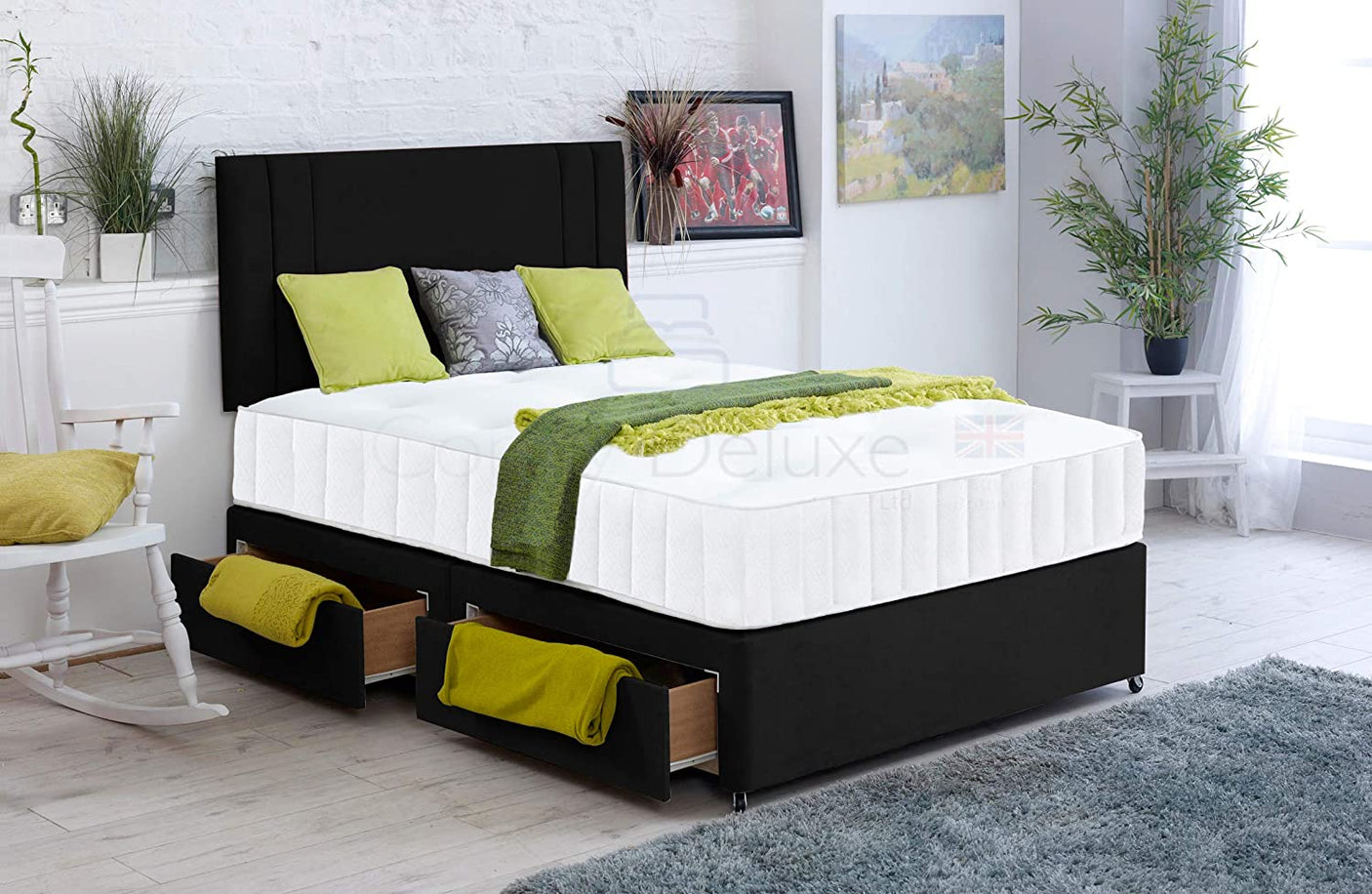 Black-Soft-Velvet-Divan-Bed-Set-Memory-Mattress-Matching-Headboard-Storage-Drawers-Side-Drawers-Crush-Plush-Faux-Leather-Memory-Spring-Vertical-Lined-Headboard