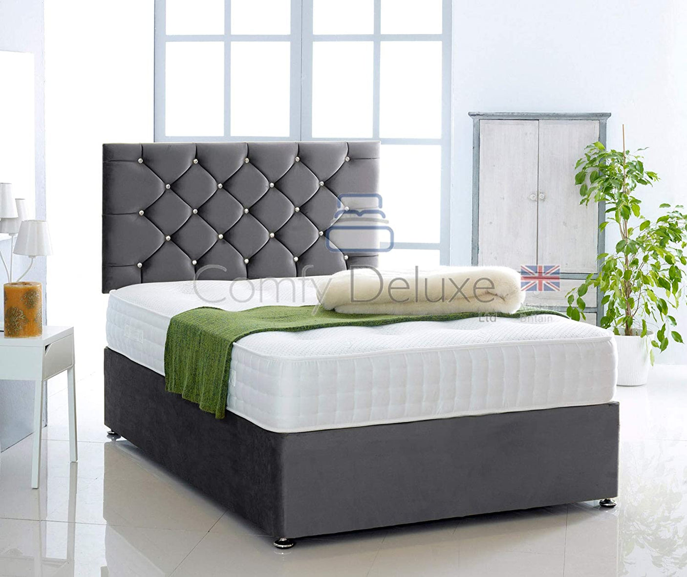 Black-Plush-Pocket-Divan-Bed-Set-Chesterfield-Headboard-Storage-Drawers-Faux-Leather-Chenille-Soft-Velvet-Blind-Headboard-Pocket-Mattress-Soft-Firm-Medium-Firm-Glides