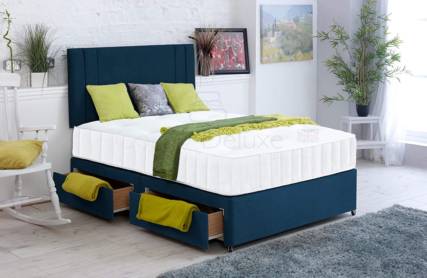 Blue-Soft-Velvet-Divan-Bed-Set-Memory-Mattress-Matching-Headboard-Storage-Drawers-Side-Drawers-Crush-Plush-Faux-Leather-Memory-Spring-Vertical-Lined-Headboard