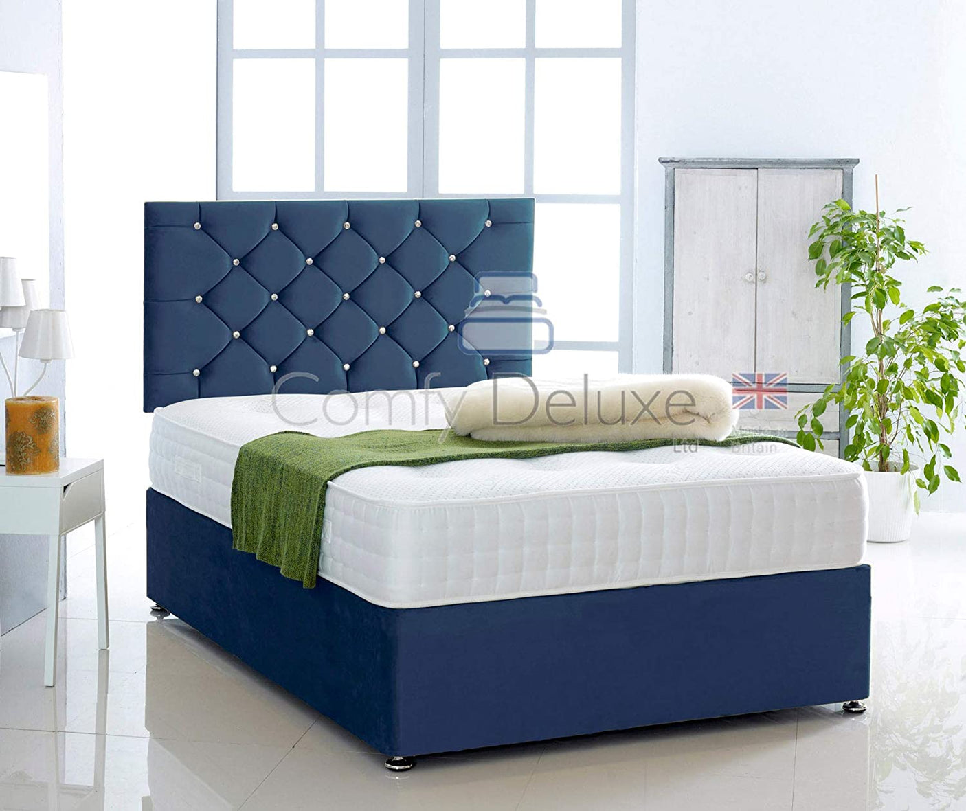 Blue-Plush-Pocket-Divan-Bed-Set-Chesterfield-Headboard-Storage-Drawers-Faux-Leather-Chenille-Soft-Velvet-Blind-Headboard-Pocket-Mattress-Soft-Firm-Medium-Firm-Glides