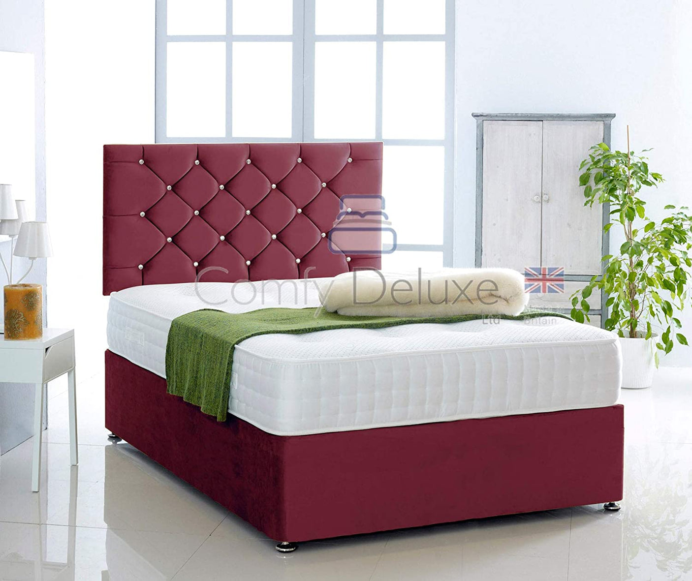Burgundy-Plush-Pocket-Divan-Bed-Set-Chesterfield-Headboard-Storage-Drawers-Faux-Leather-Chenille-Soft-Velvet-Blind-Headboard-Pocket-Mattress-Soft-Firm-Medium-Firm-Glides