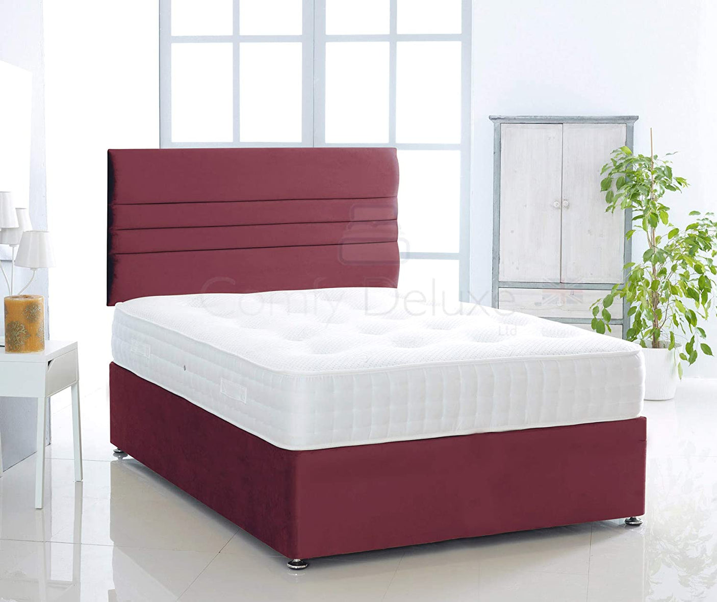 Burgundy-Verona-Plush-Pocket-Divan-Bed-Set-Lined-Headboard-Storage-Drawers-Faux-Leather-Chenille-Soft-Velvet-Lined-Headboard-Pocket-Mattress-Soft-Firm-Medium-Firm-Glides