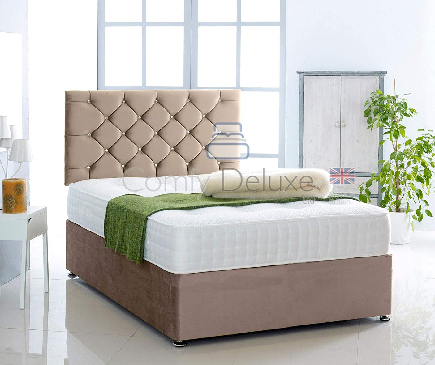 Coffee-Plush-Pocket-Divan-Bed-Set-Chesterfield-Headboard-Storage-Drawers-Faux-Leather-Chenille-Soft-Velvet-Blind-Headboard-Pocket-Mattress-Soft-Firm-Medium-Firm-Glides