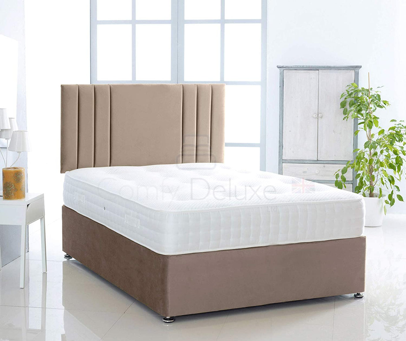 Coffee-Plush-Pocket-Divan-Bed-Set-Lined-Headboard-Storage-Drawers-Faux-Leather-Chenille-Soft-Velvet-Lined-Headboard-Pocket-Mattress-Soft-Firm-Medium-Firm-Glides