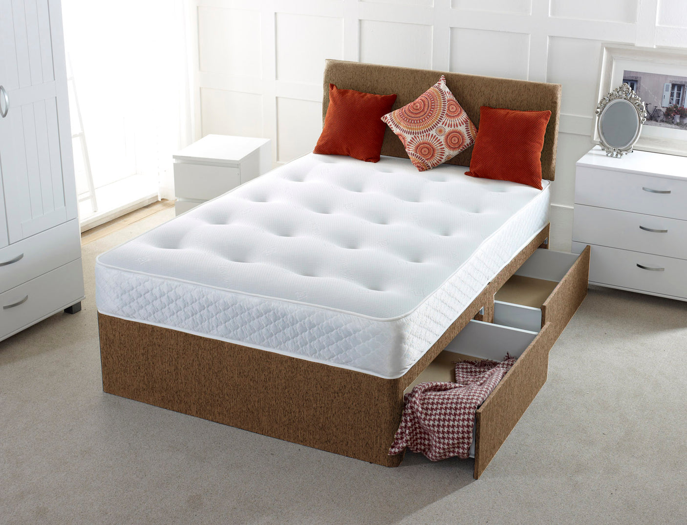 Plain Cassie Divan Bed Set With Memory Sprung Mattress And Headboard