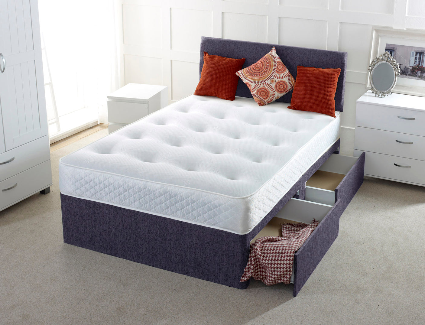 Plain Cassie Divan Bed Set With Memory Sprung Mattress And Headboard