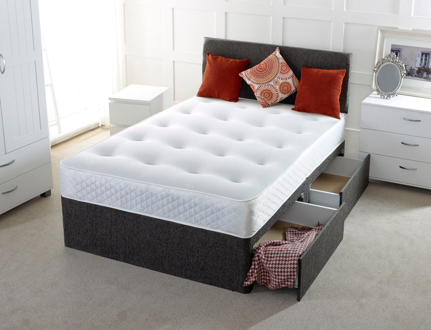 Plain Cassie Divan Bed Set With Memory Sprung Mattress And Headboard