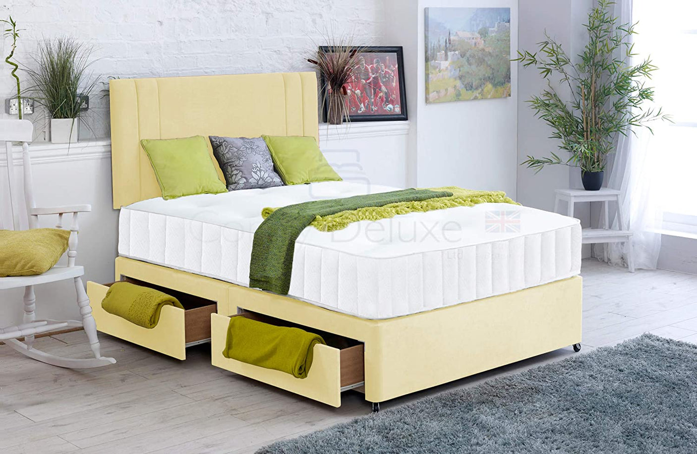 Cream-Soft-Velvet-Divan-Bed-Set-Memory-Mattress-Matching-Headboard-Storage-Drawers-Side-Drawers-Crush-Plush-Faux-Leather-Memory-Spring-Vertical-Lined-Headboard
