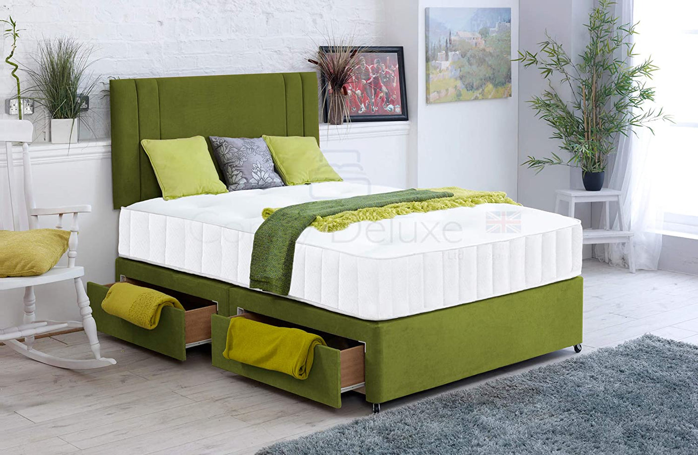 Green-Soft-Velvet-Divan-Bed-Set-Memory-Mattress-Matching-Headboard-Storage-Drawers-Side-Drawers-Crush-Plush-Faux-Leather-Memory-Spring-Vertical-Lined-Headboard