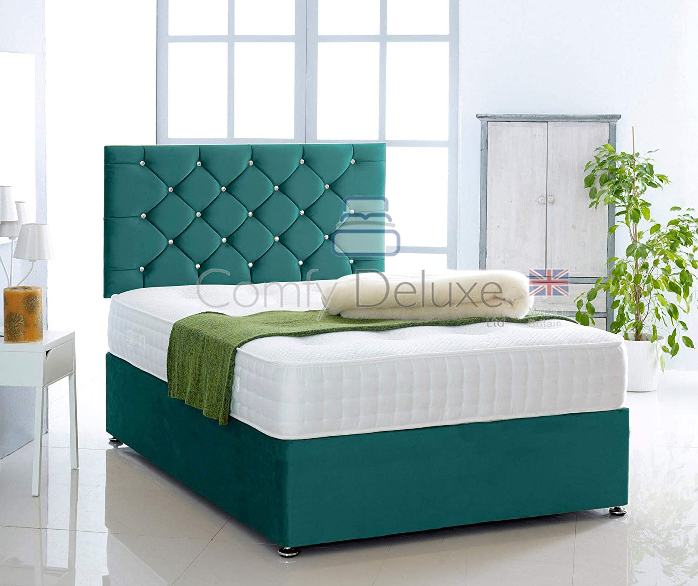 Green-Plush-Pocket-Divan-Bed-Set-Chesterfield-Headboard-Storage-Drawers-Faux-Leather-Chenille-Soft-Velvet-Blind-Headboard-Pocket-Mattress-Soft-Firm-Medium-Firm-Glides