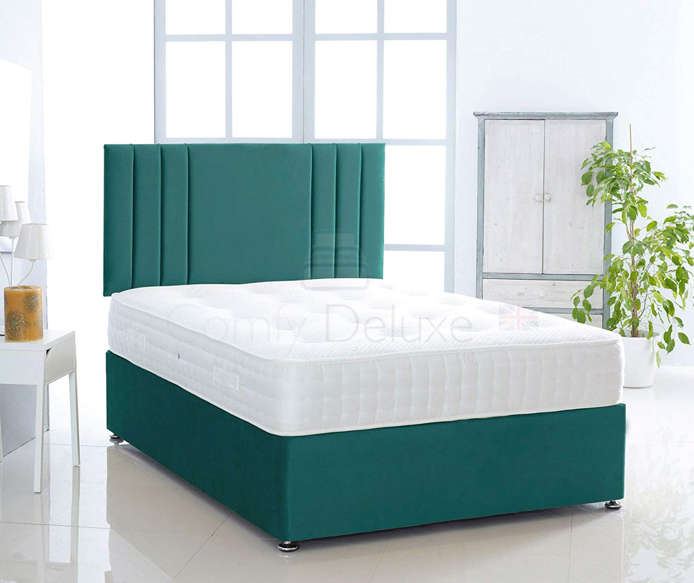 Green-Plush-Pocket-Divan-Bed-Set-Lined-Headboard-Storage-Drawers-Faux-Leather-Chenille-Soft-Velvet-Lined-Headboard-Pocket-Mattress-Soft-Firm-Medium-Firm-Glides