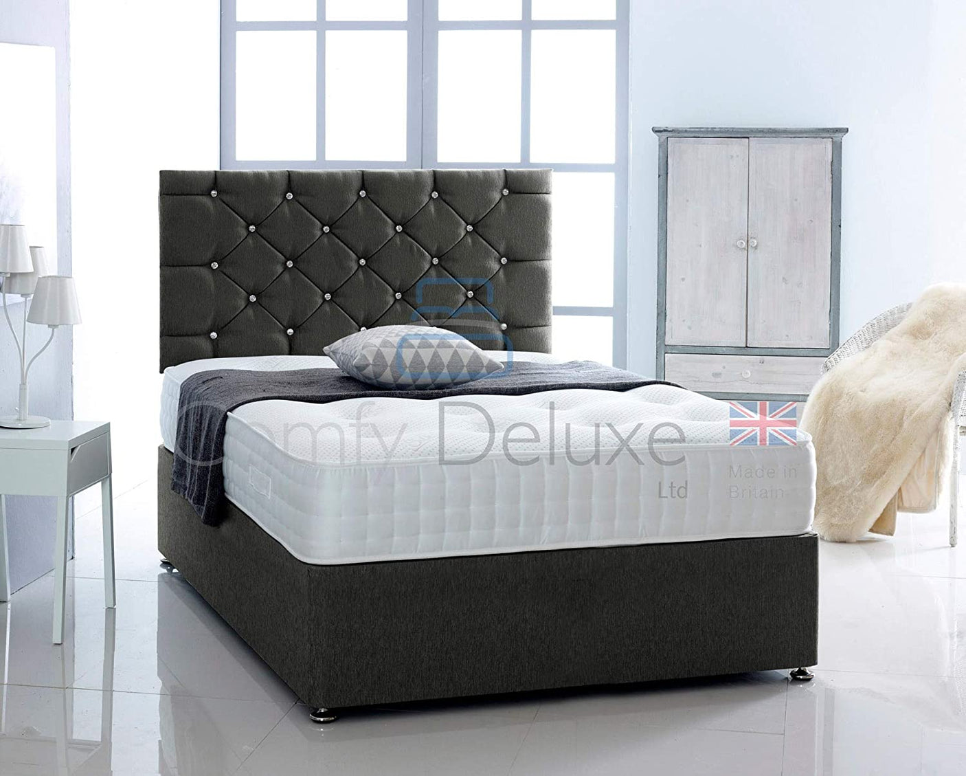 Grey-Chenille-Pocket-Divan-Bed-Set-Chesterfield-Headboard-Storage-Drawers-Faux-Leather-Chenille-Soft-Velvet-Blind-Headboard-Pocket-Mattress-Soft-Firm-Medium-Firm-Glides