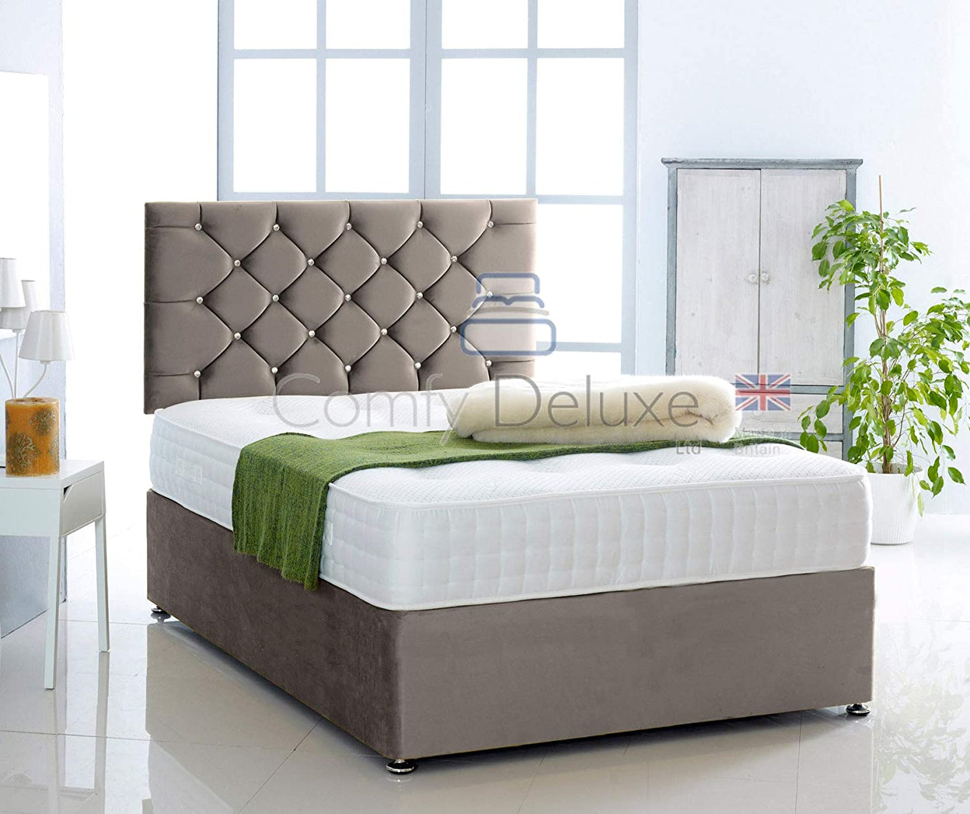 Grey-Plush-Pocket-Divan-Bed-Set-Chesterfield-Headboard-Storage-Drawers-Faux-Leather-Chenille-Soft-Velvet-Blind-Headboard-Pocket-Mattress-Soft-Firm-Medium-Firm-Glides