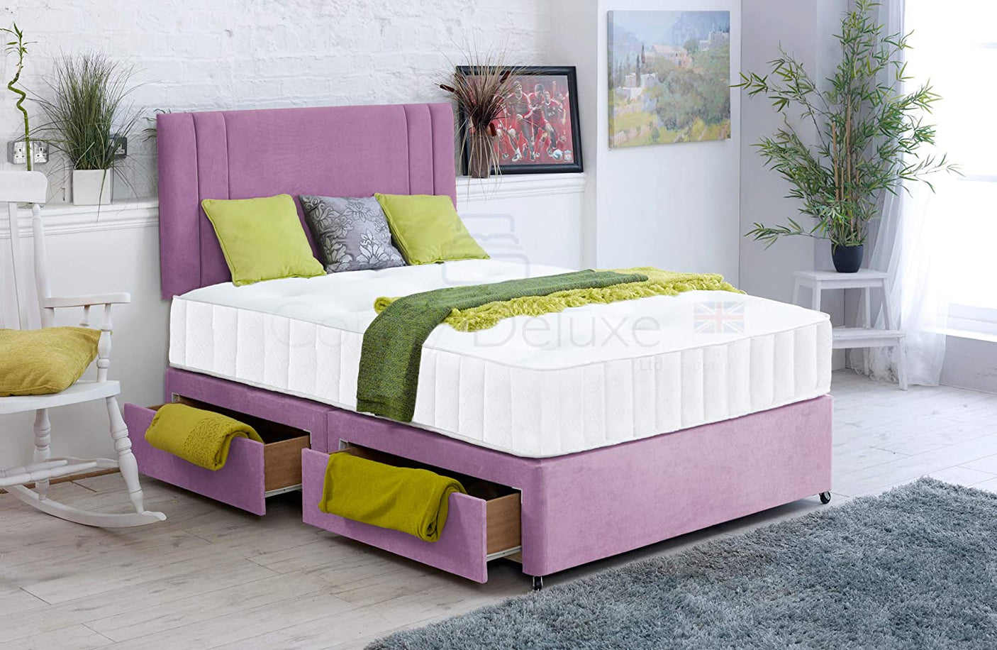 Lilac-Soft-Velvet-Divan-Bed-Set-Memory-Mattress-Matching-Headboard-Storage-Drawers-Side-Drawers-Crush-Plush-Faux-Leather-Memory-Spring-Vertical-Lined-Headboard