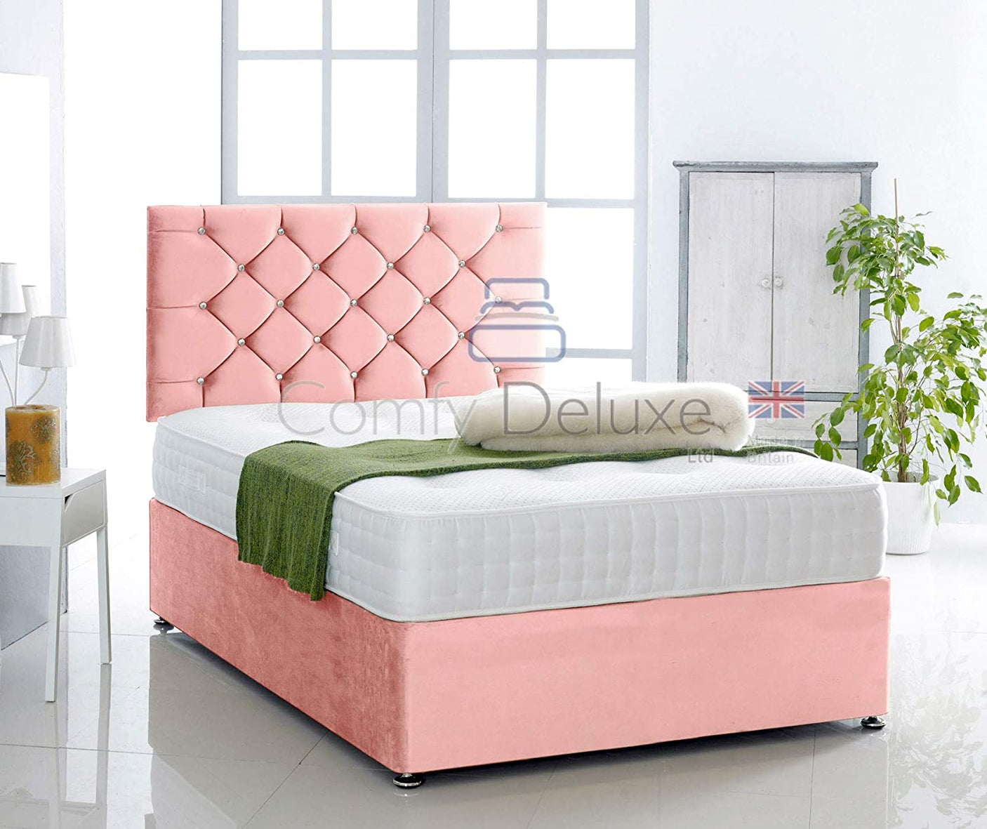 Pink-Plush-Pocket-Divan-Bed-Set-Chesterfield-Headboard-Storage-Drawers-Faux-Leather-Chenille-Soft-Velvet-Blind-Headboard-Pocket-Mattress-Soft-Firm-Medium-Firm-Glides