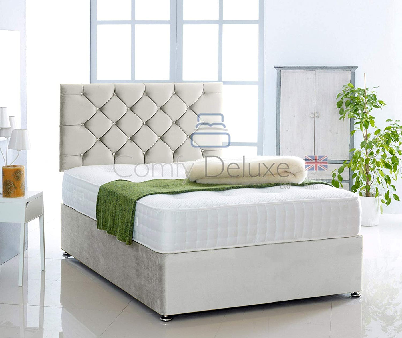 Silver-Plush-Pocket-Divan-Bed-Set-Chesterfield-Headboard-Storage-Drawers-Faux-Leather-Chenille-Soft-Velvet-Blind-Headboard-Pocket-Mattress-Soft-Firm-Medium-Firm-Glides
