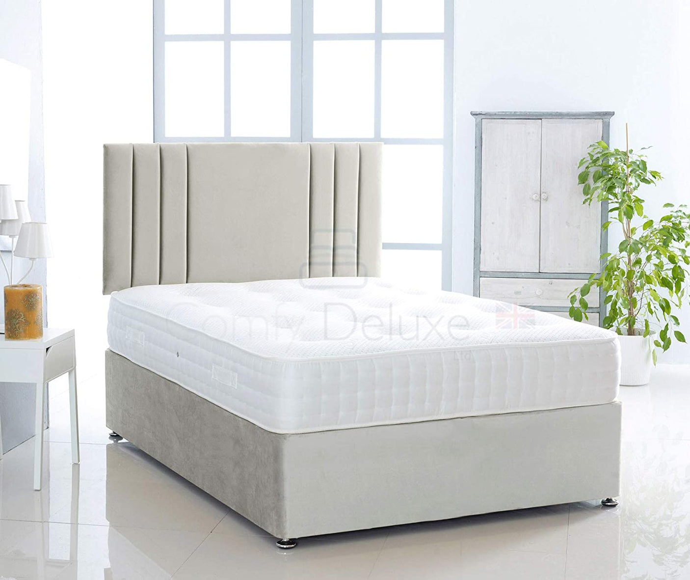 Silver-Plush-Pocket-Divan-Bed-Set-Lined-Headboard-Storage-Drawers-Faux-Leather-Chenille-Soft-Velvet-Lined-Headboard-Pocket-Mattress-Soft-Firm-Medium-Firm-Glides