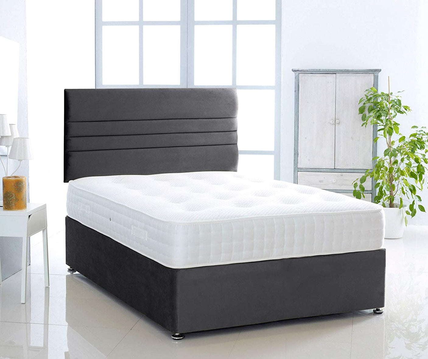 Black-Verona-Plush-Pocket-Divan-Bed-Set-Lined-Headboard-Storage-Drawers-Faux-Leather-Chenille-Soft-Velvet-Lined-Headboard-Pocket-Mattress-Soft-Firm-Medium-Firm-Glides
