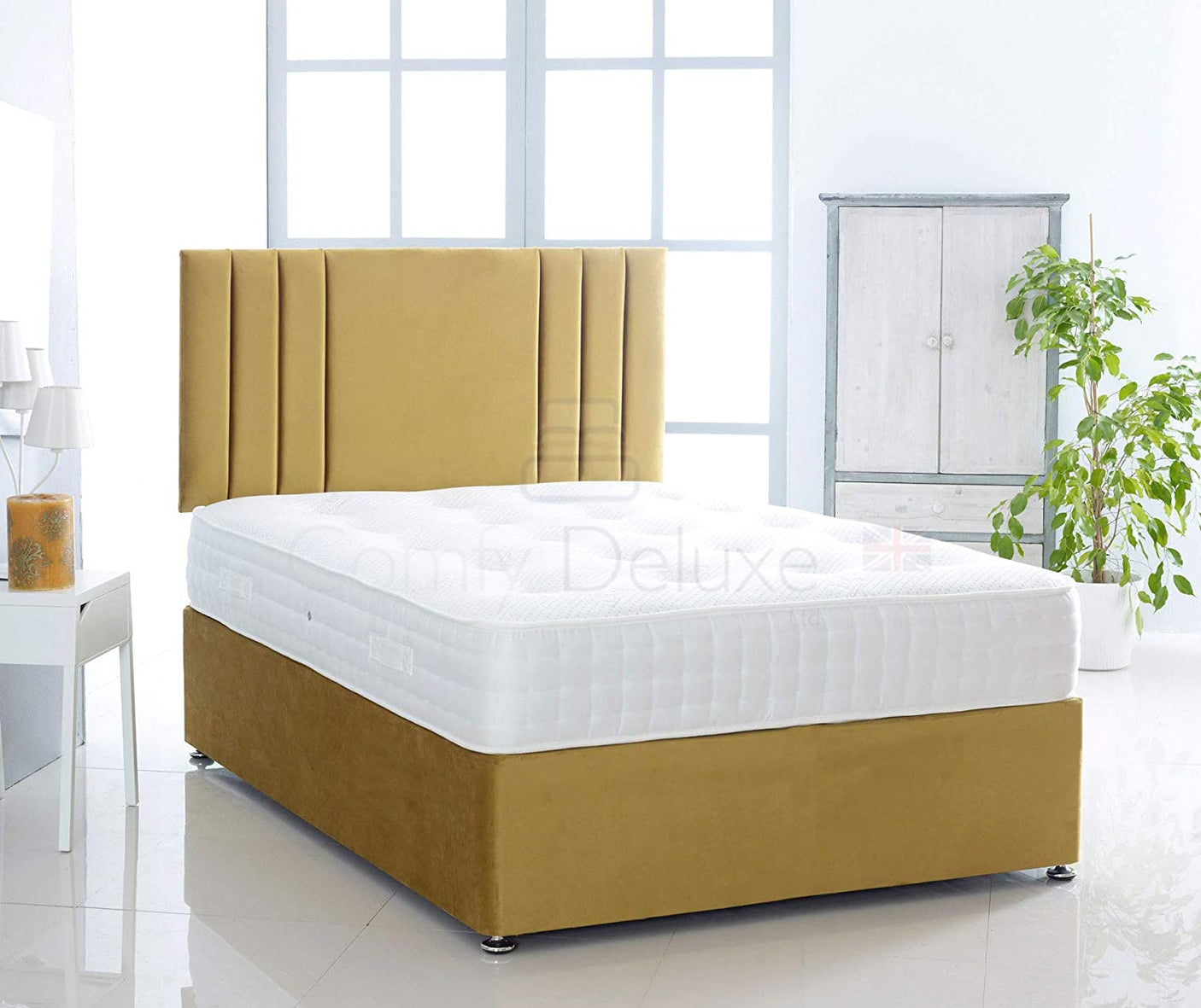 Yellow-Plush-Pocket-Divan-Bed-Set-Lined-Headboard-Storage-Drawers-Faux-Leather-Chenille-Soft-Velvet-Lined-Headboard-Pocket-Mattress-Soft-Firm-Medium-Firm-Glides