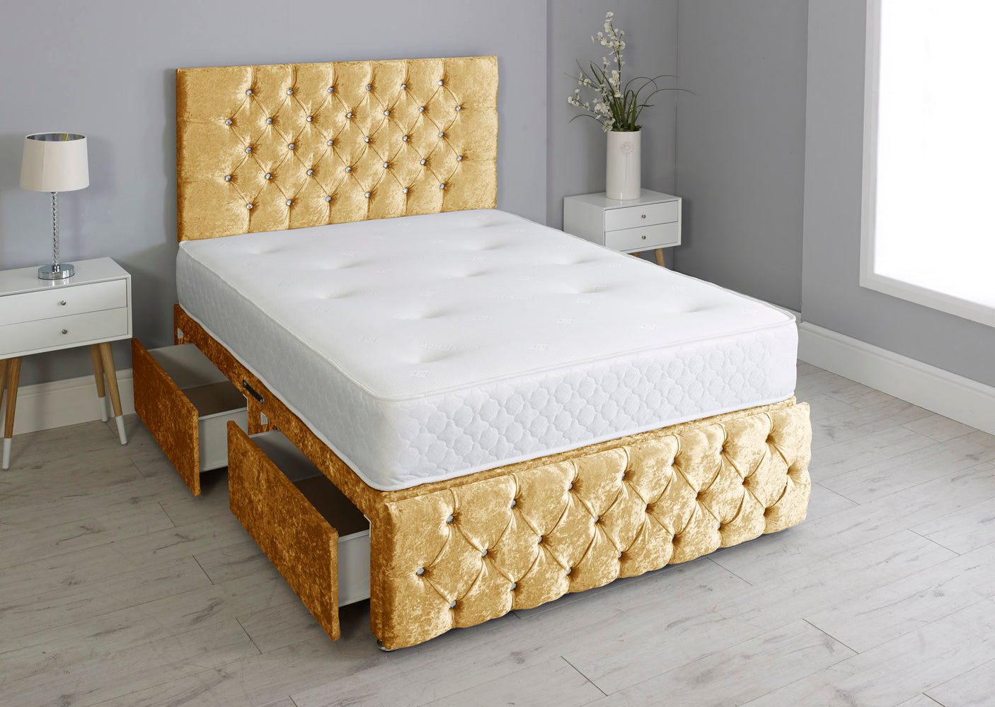 Milly Chesterfield Divan Bed Set With Footboard And Memory Orthopaedic Mattress