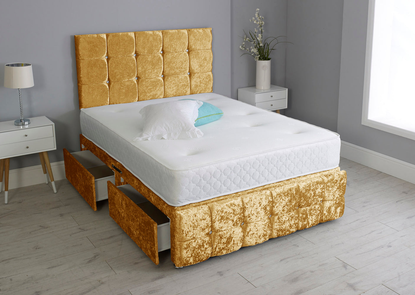 Cuboid Cube Divan Bed Set With Footboard And Memory Orthopaedic Mattress