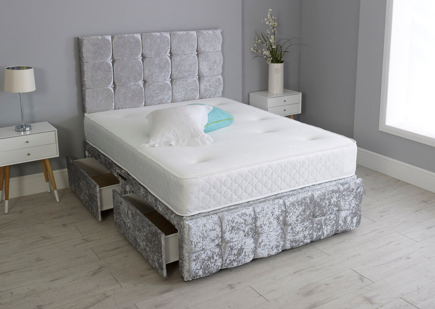Cuboid Cube Divan Bed Set With Footboard And Memory Orthopaedic Mattress