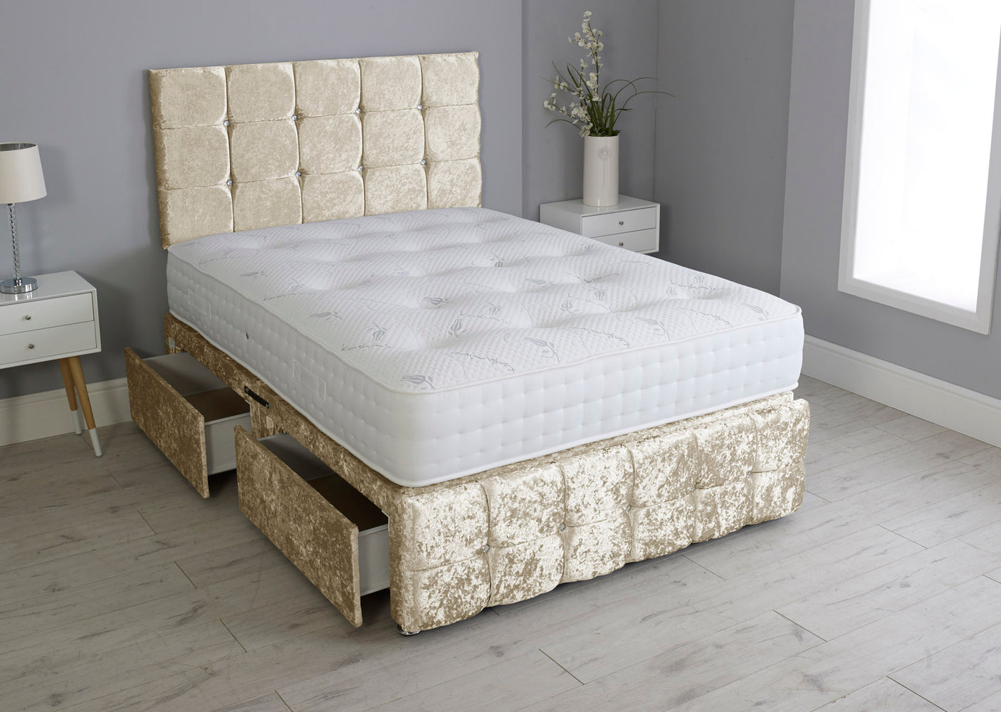 Cuboid Cube Divan Bed Set With Footboard And Pocket Mattress And Headboard