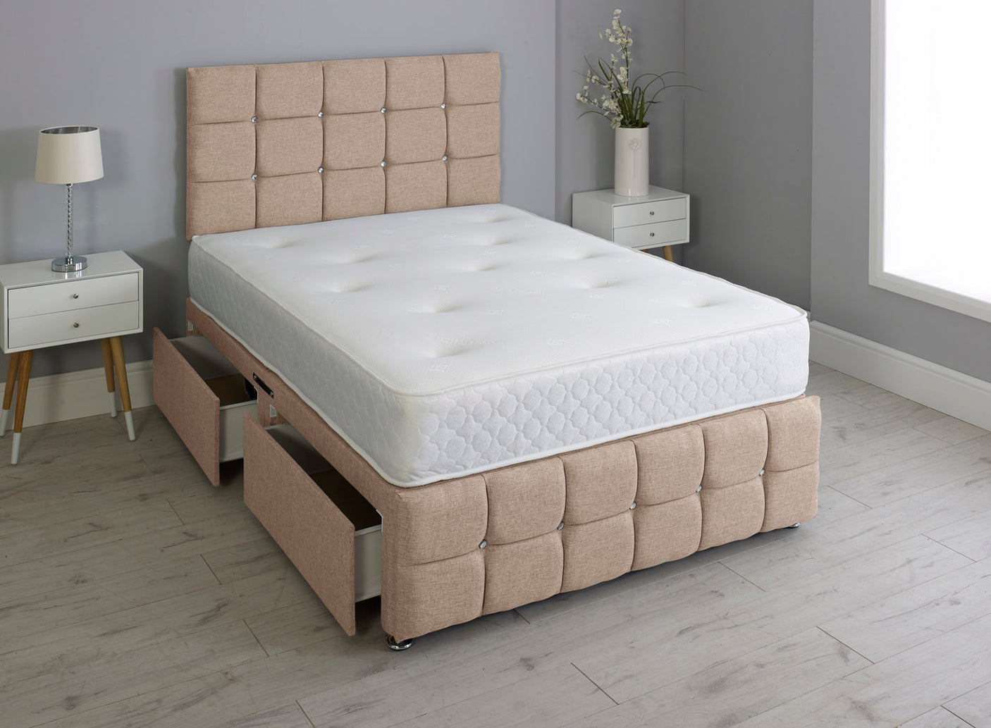 Cuboid Cube Divan Bed Set With Footboard And Memory Orthopaedic Mattress