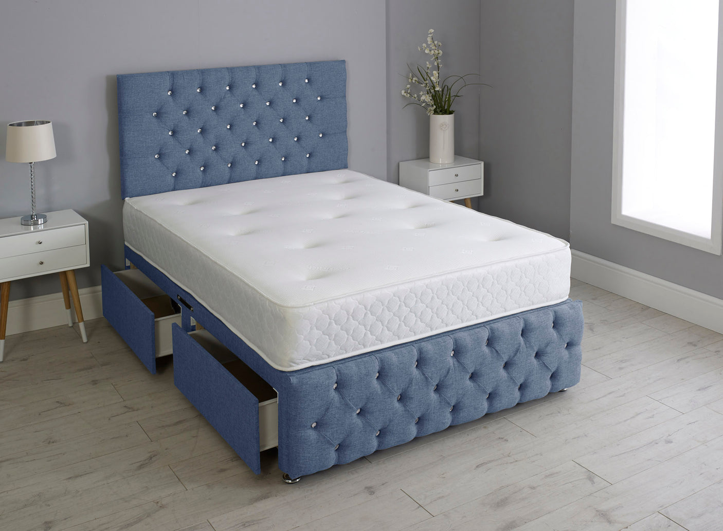 Milly Chesterfield Divan Bed Set With Footboard And Memory Orthopaedic Mattress