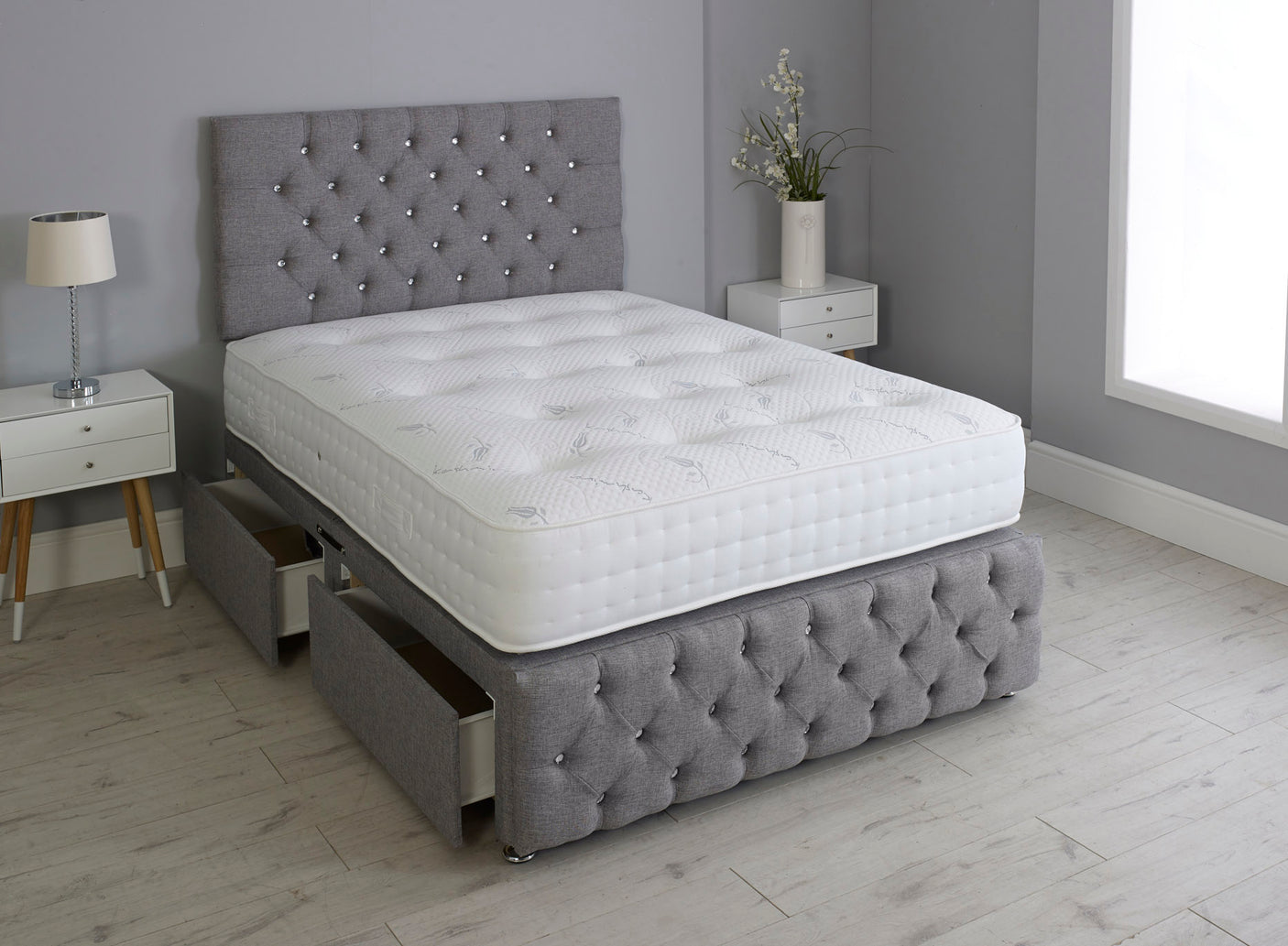 Milly Chesterfield Divan Bed Set With Footboard And Pocket Mattress And Headboard
