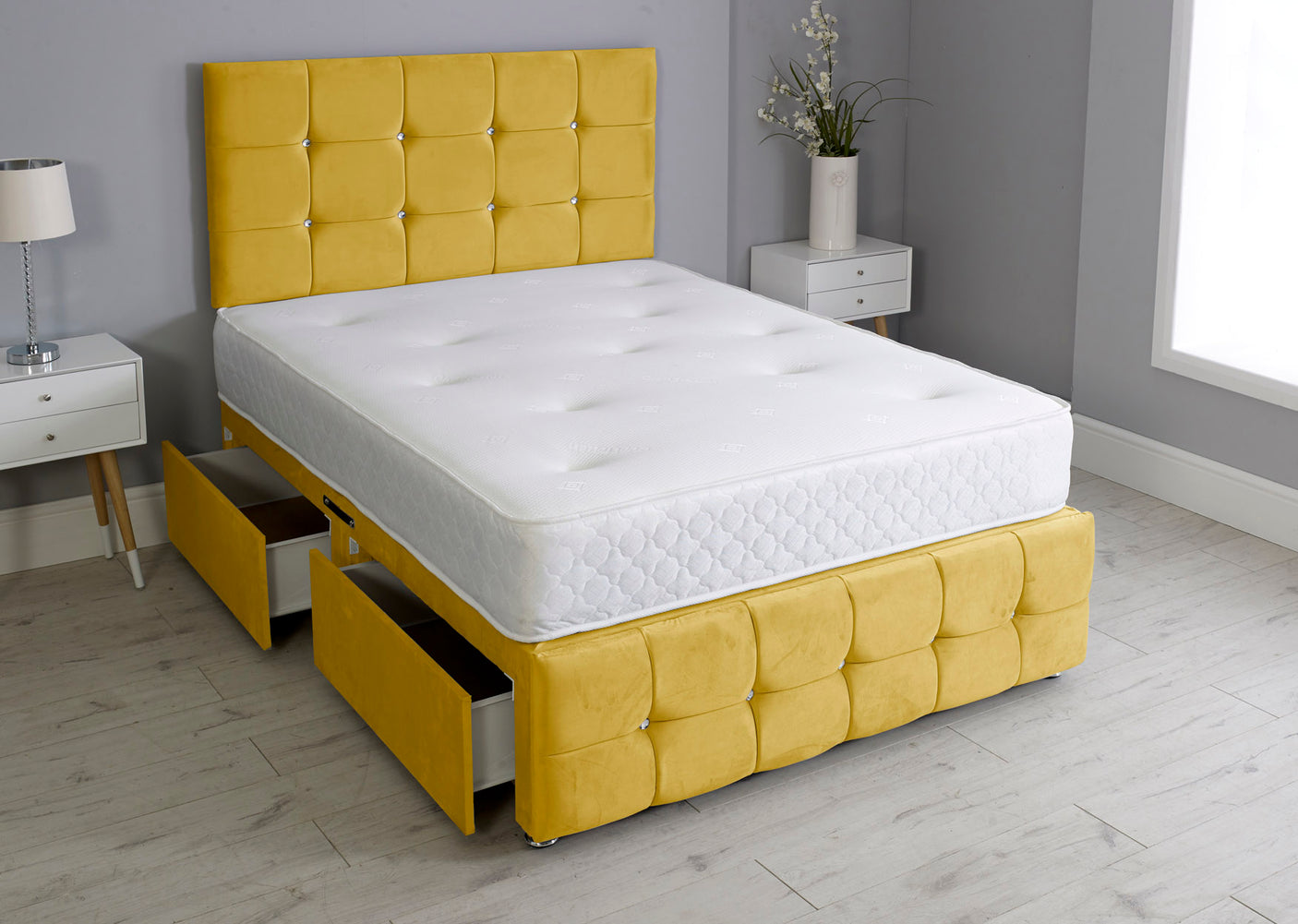 Cuboid Cube Divan Bed Set With Footboard And Memory Orthopaedic Mattress