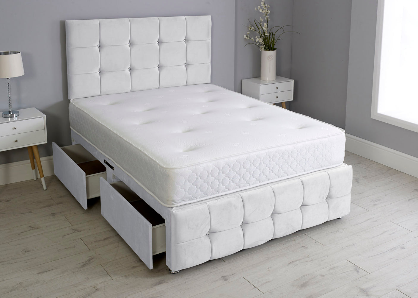 Cuboid Cube Divan Bed Set With Footboard And Memory Orthopaedic Mattress