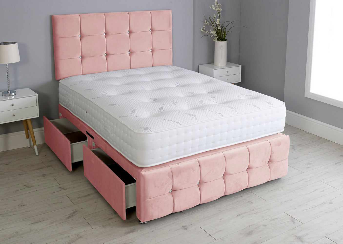 Cuboid Cube Divan Bed Set With Footboard And Pocket Mattress And Headboard