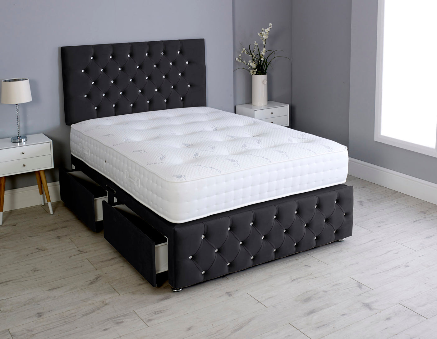 Milly Chesterfield Divan Bed Set With Footboard And Pocket Mattress And Headboard