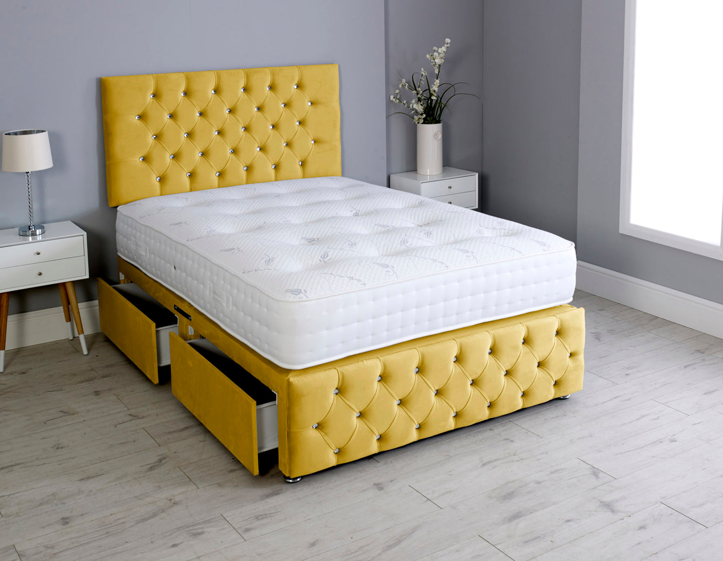 Milly Chesterfield Divan Bed Set With Footboard And Pocket Mattress And Headboard