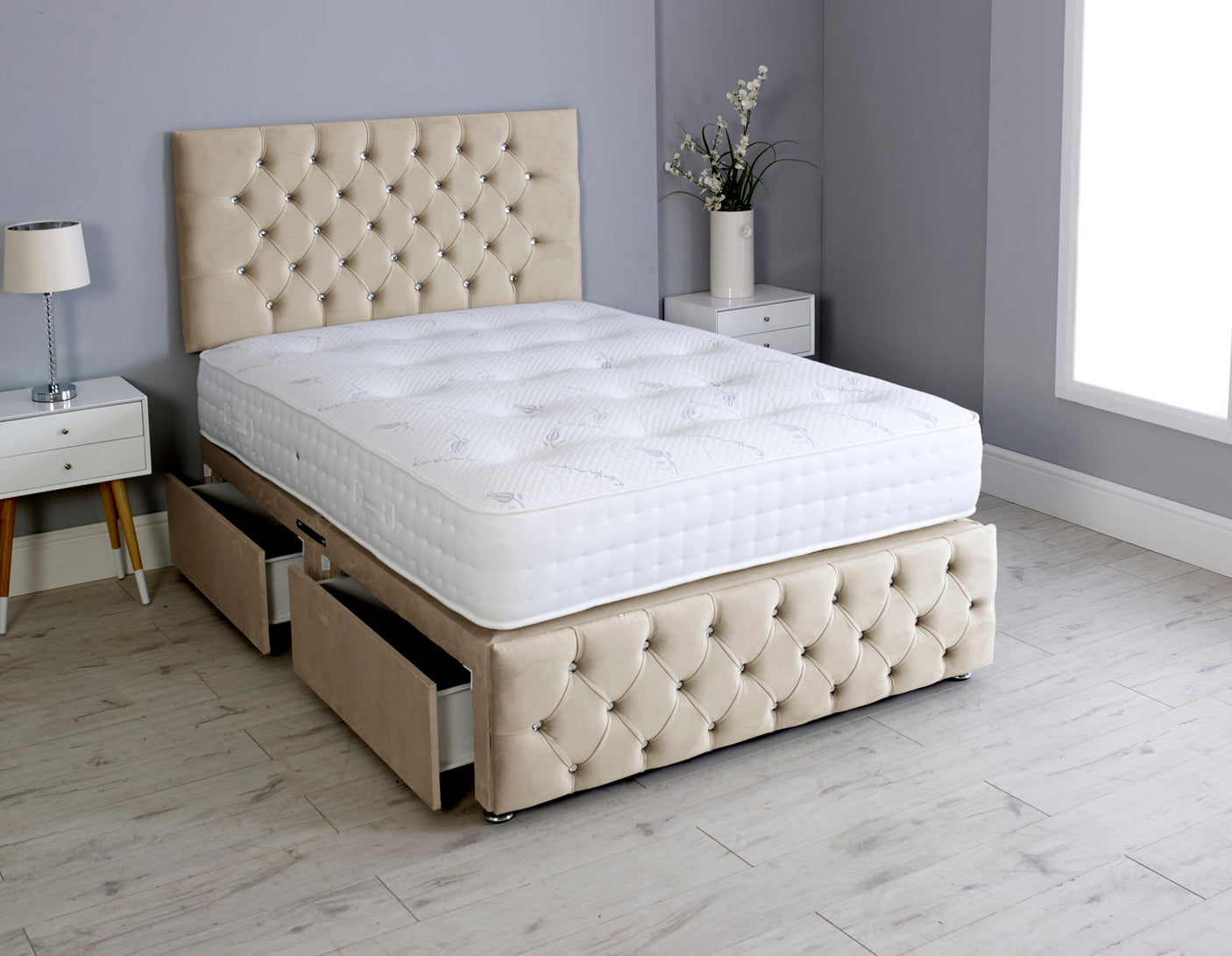 Milly Chesterfield Divan Bed Set With Footboard And Pocket Memory Mattress And Headboard