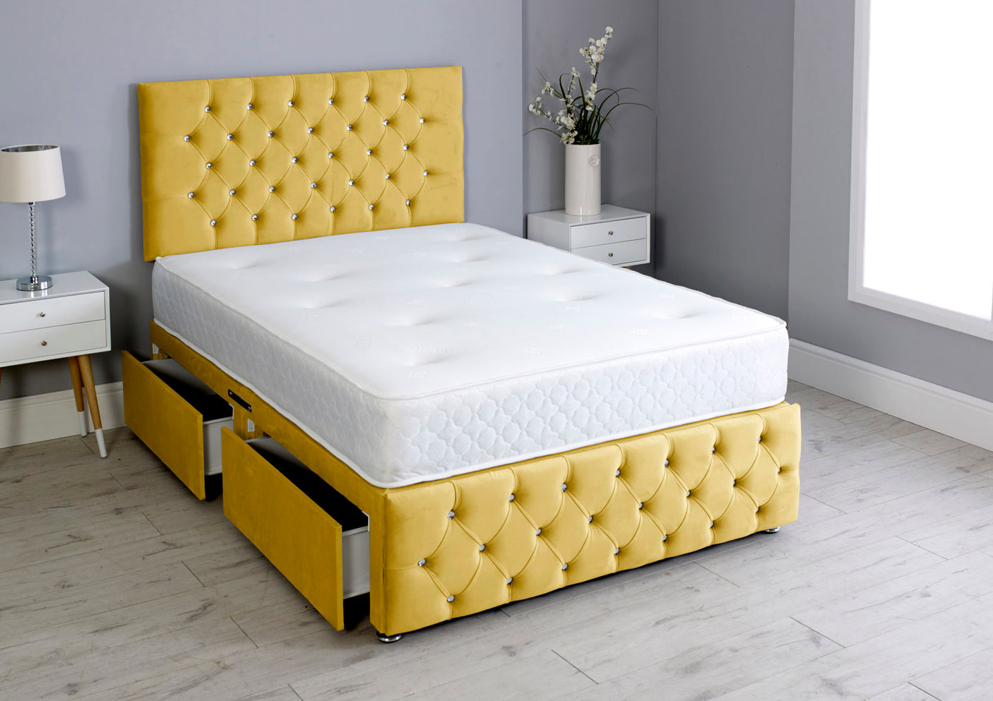 Milly Chesterfield Divan Bed Set With Footboard And Memory Orthopaedic Mattress