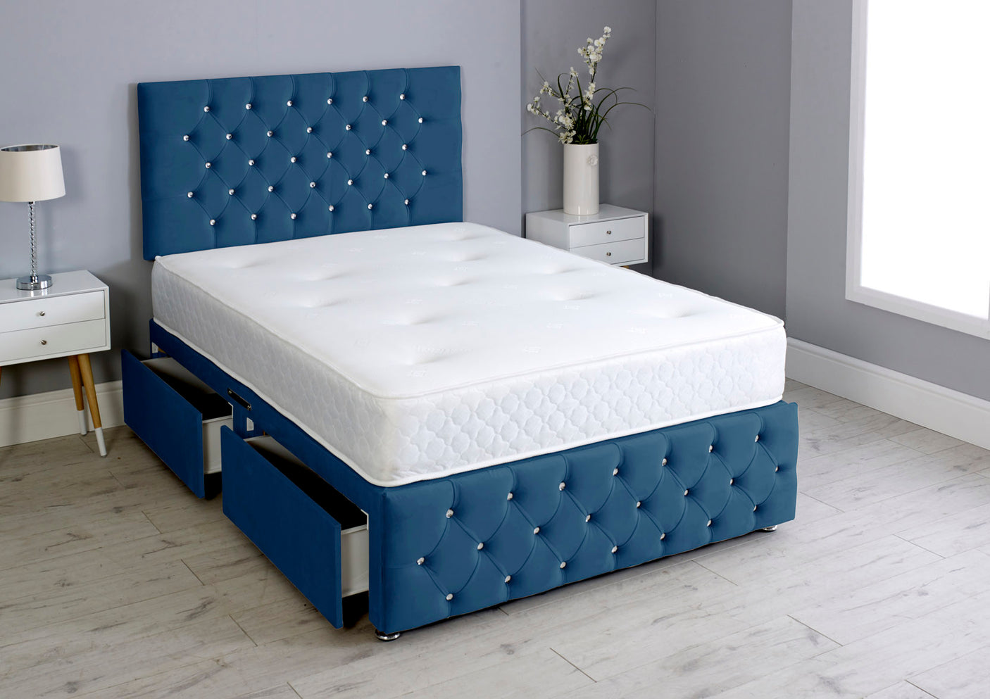 Milly Chesterfield Divan Bed Set With Footboard And Memory Orthopaedic Mattress