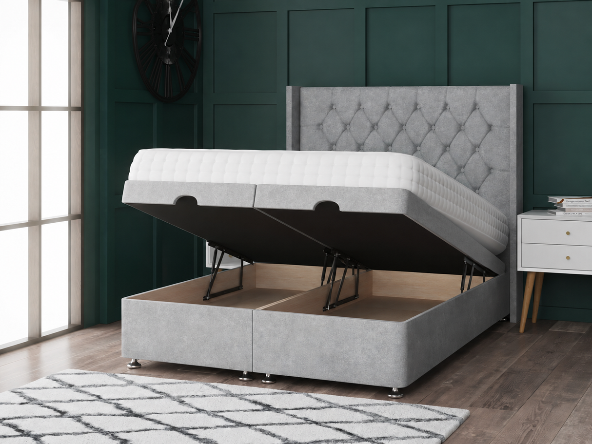 Princess Ottoman Storage Divan Bed With Floor Standing Wing Headboard