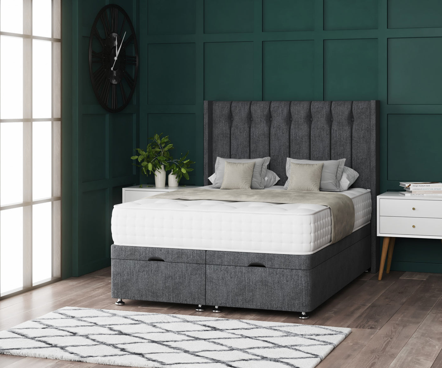 Florence Ottoman Storage Divan Bed With Floor Standing Wing Headboard