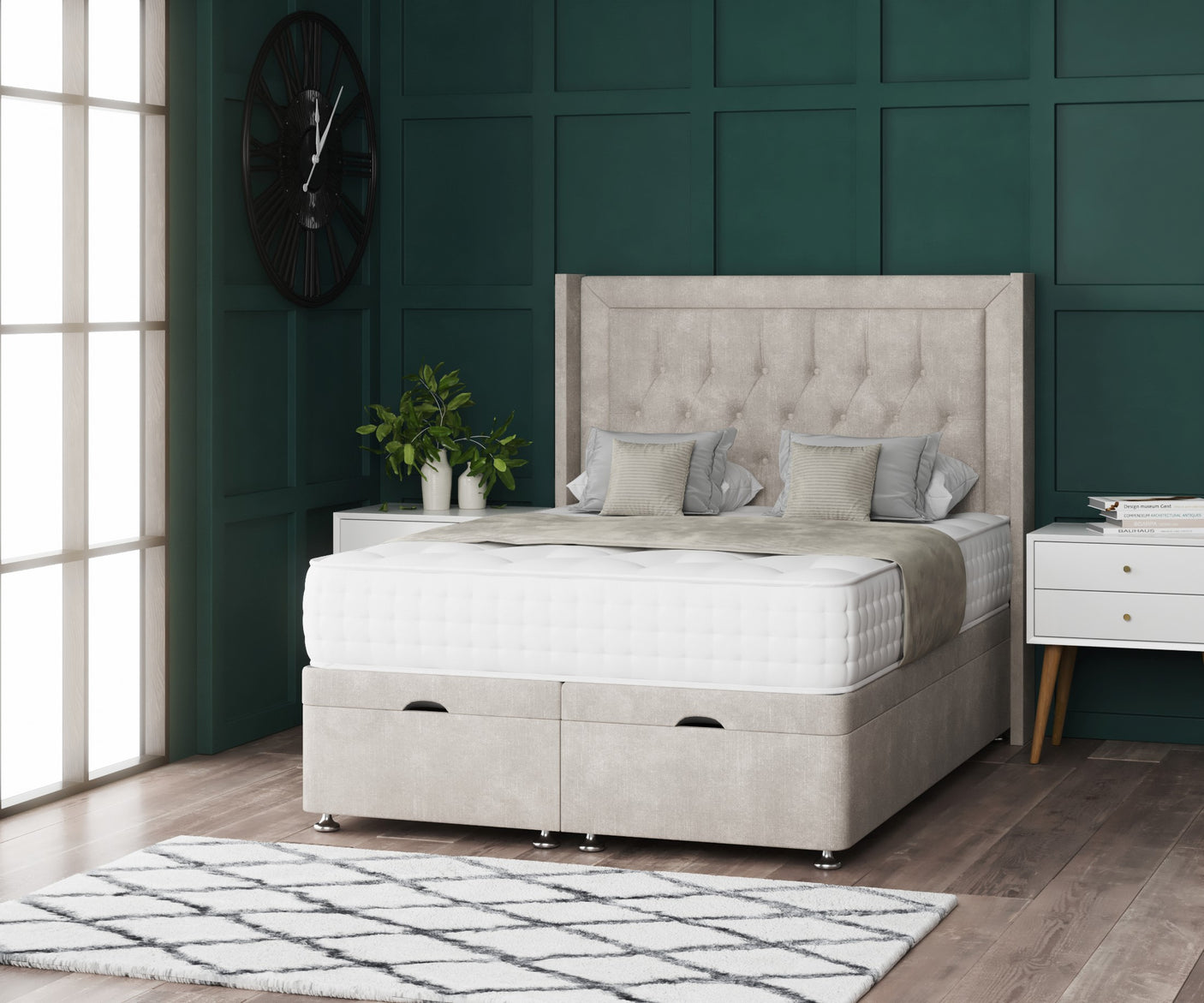 Miami Ottoman Storage Divan Bed With Floor Standing Wing Headboard