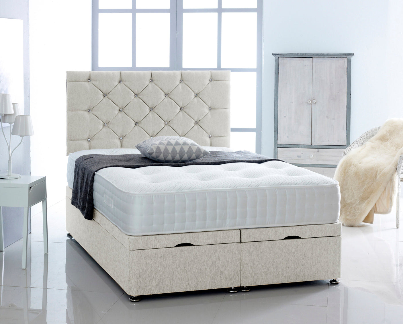 Chenille Ottoman Storage Divan Bed With Chesterfield Headboard