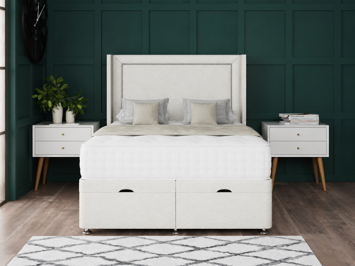 Hannah Beading Ottoman Storage Divan Bed With Floor Standing Wing Headboard