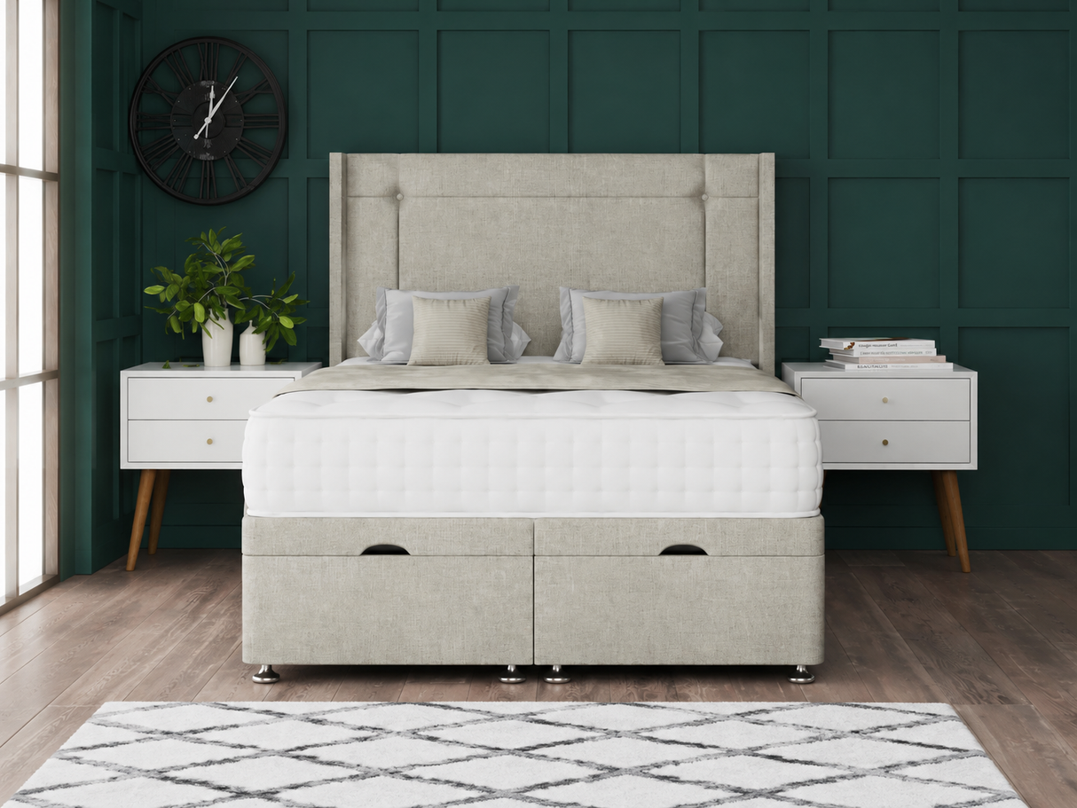 Milan Ottoman Storage Divan Bed With Floor Standing Wing Headboard